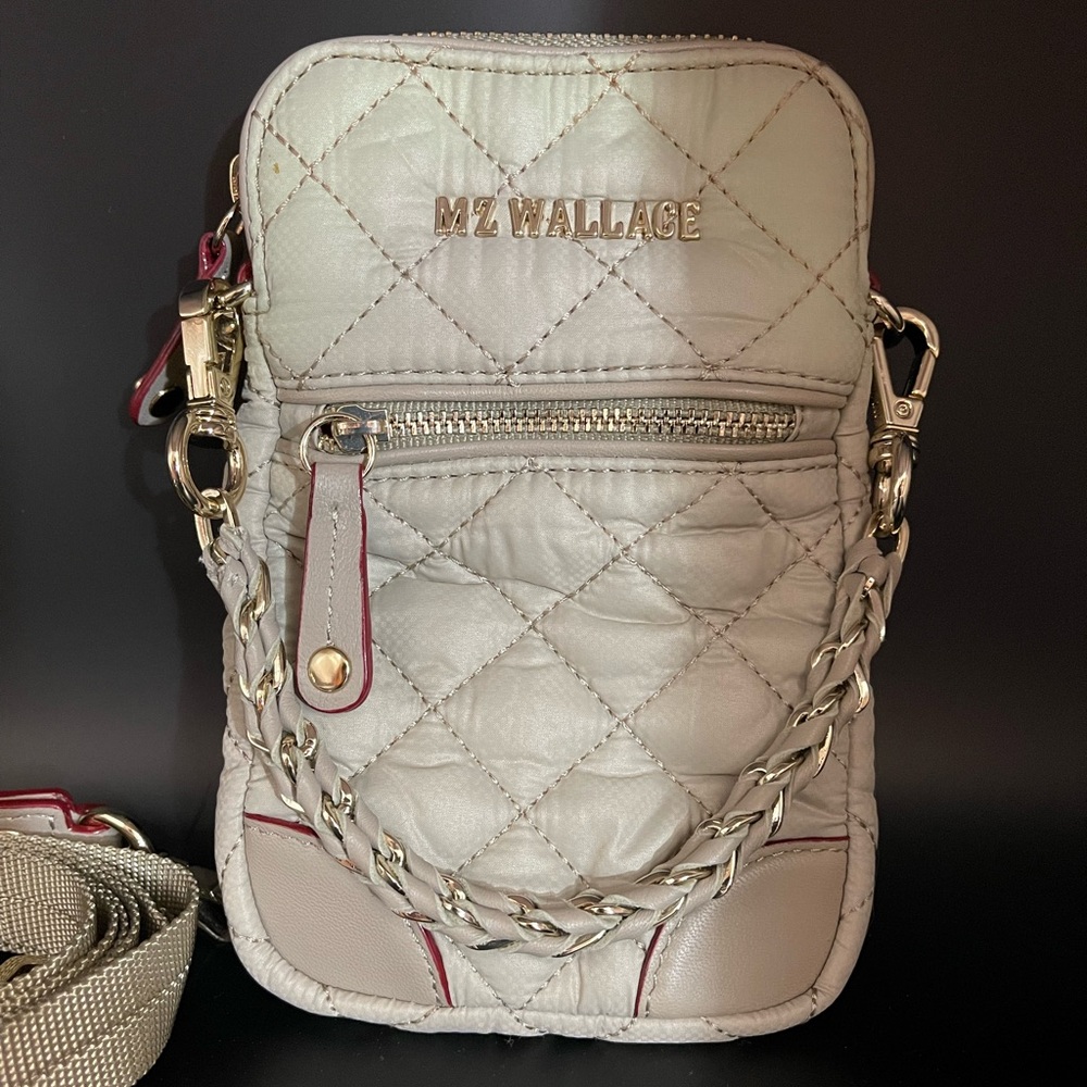 MZ Wallace Quilted Crossbody Bag in Gray and Red Accents